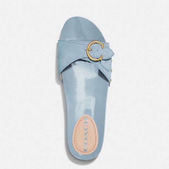 COACH Bleeker C Buckle Waterfall Blue Suede Slide Sandals - Picture 1 of 10